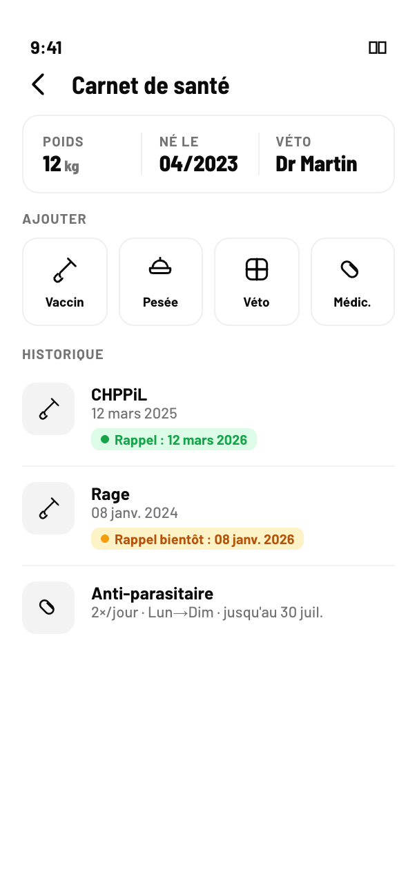 Écran Woofy du carnet de santé : poids, vaccins et dates de rappel, traitement en cours